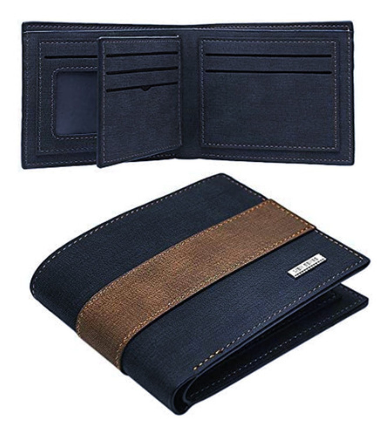 Cartera Billetera De Cuero Con M&uacute;ltiples Tarjetas Hombre Azul marino con cafe oscuro image number null