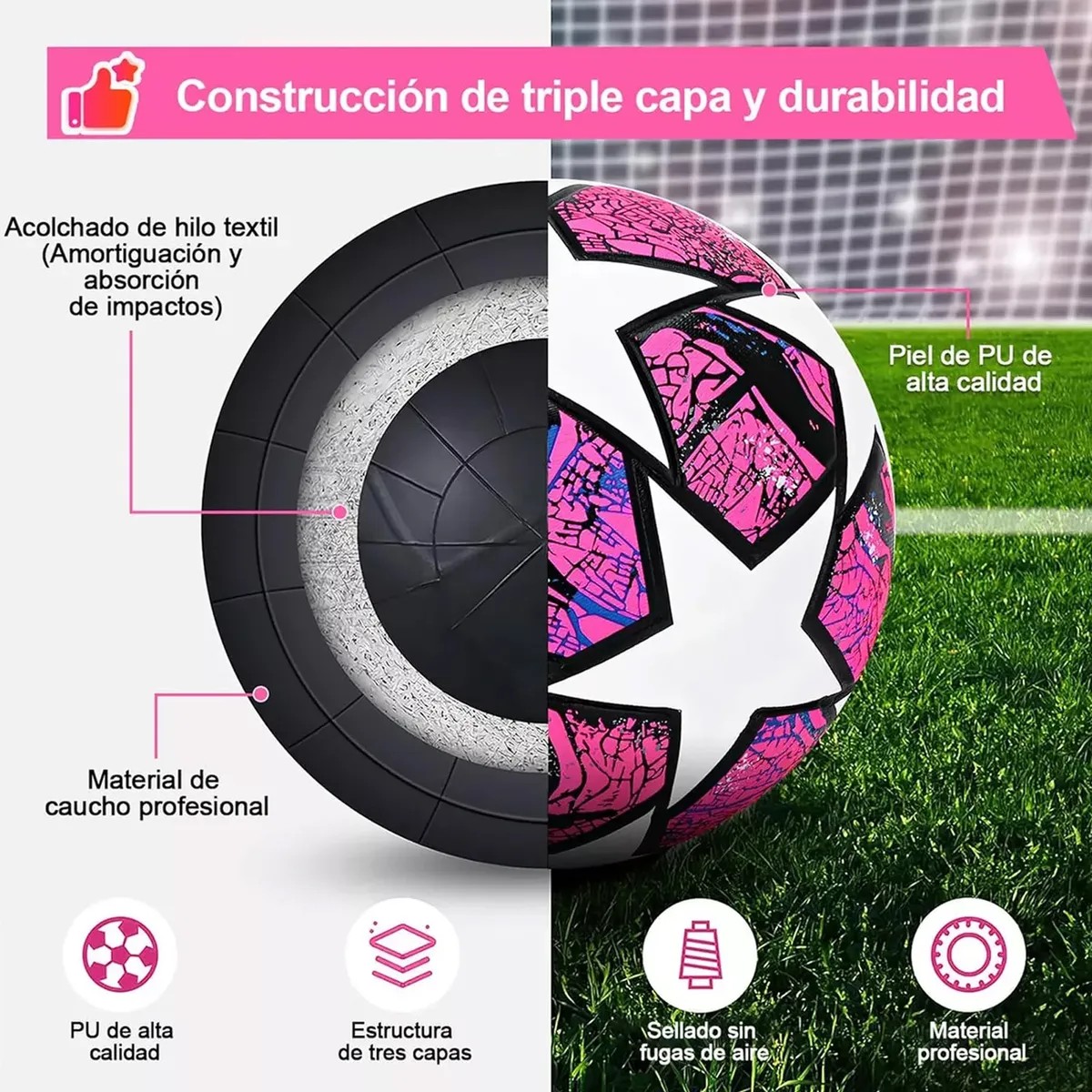 Bal&oacute;n F&uacute;tbol Soccer No.5 Profesional de Estrellas H&iacute;brido Champions Rosa Para Entrenamiento Y Juego Recreativo image number null