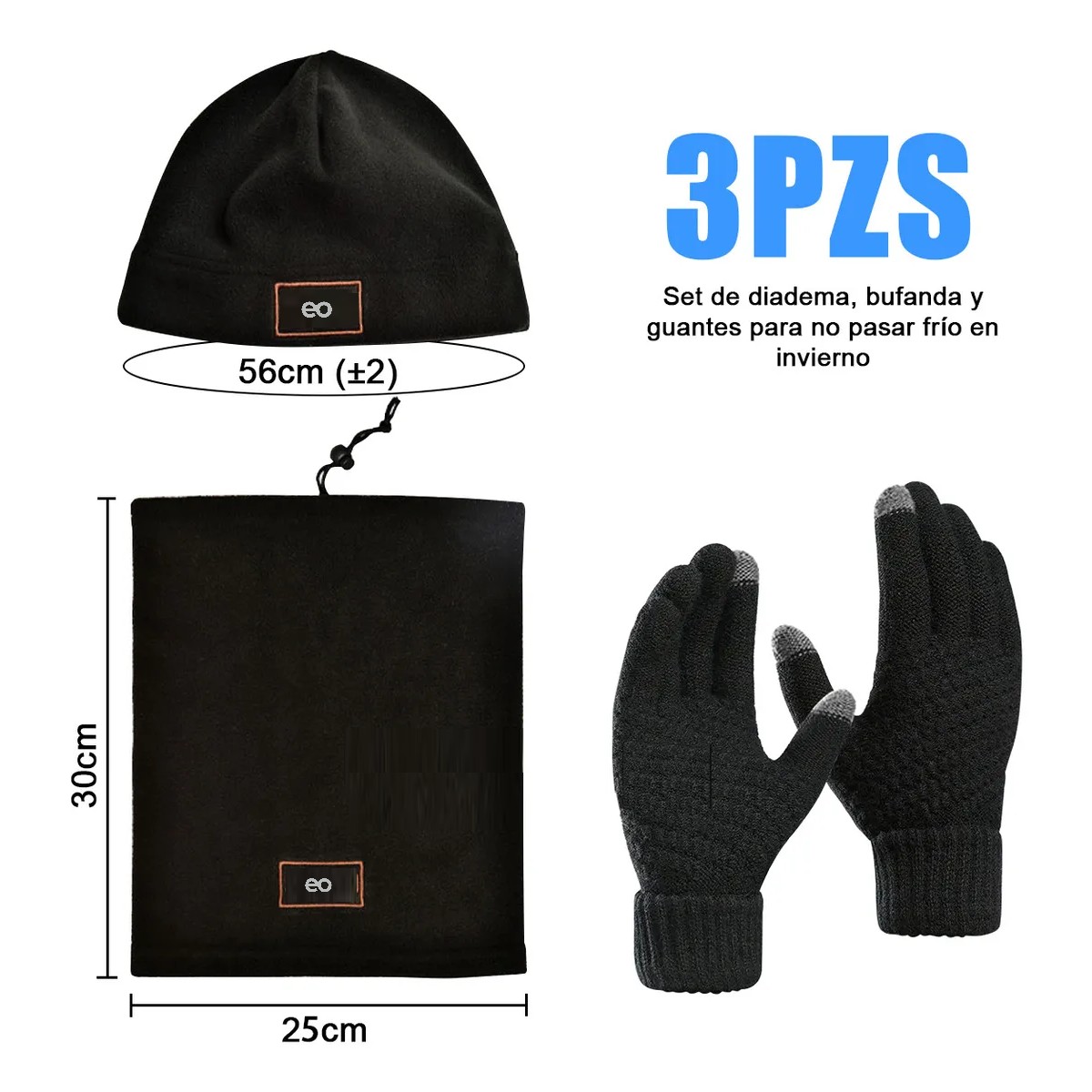3en1 Gorro Bufanda Guantes Cuello Invierno Para Fr&iacute;o Unisex Negro image number null