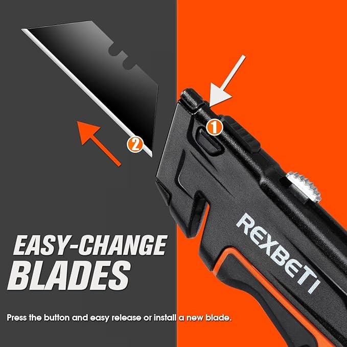 REXBETI 2-Pack Utility Knife, Heavy Duty Retractable Box Cutter for Cartons, Cardboard and Boxes, Blade Storage Design, Extra 10 Blades Included. image number null