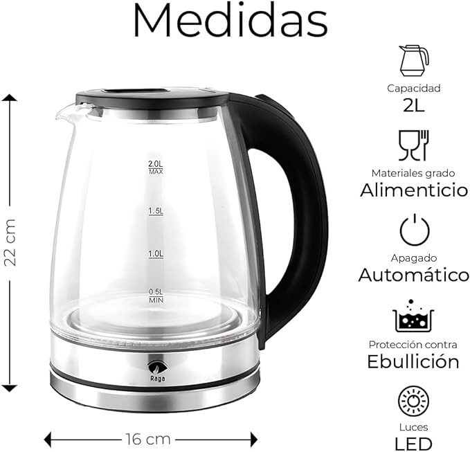A Raganet, Tetera El&eacute;ctrica de Vidrio, Capacidad de 2L, Indicador de Encendido de Luz LED image number null