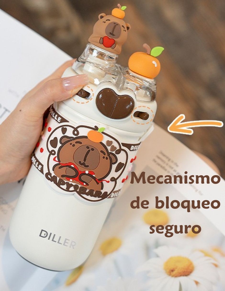 Termo de Capibara | Botella de Agua de Acero Inoxidable 520 ml | Accesorios decorativos 3D Capybara, Stickers y Correa image number null