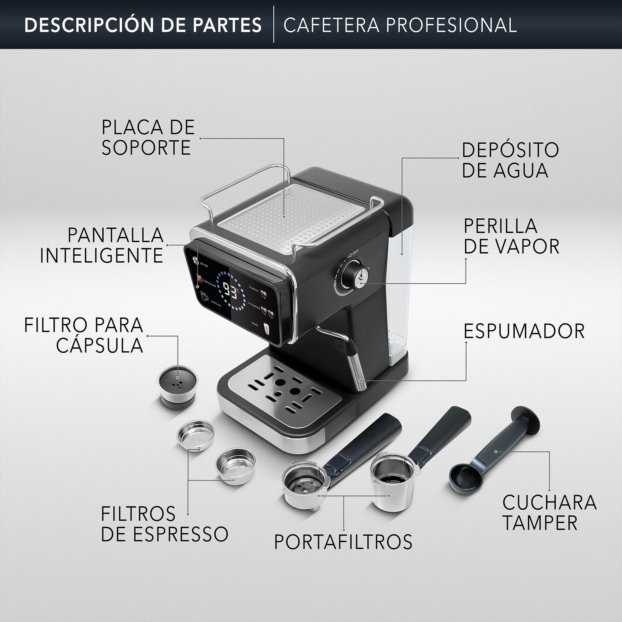 RCA Cafetera Profesional RC-CAF5, 2 en 1 para Caf&eacute; Molido y C&aacute;psulas, Espumador, Pantalla Inteligente, 1.5L. image number null