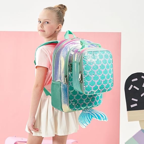 A Mochila para ni&ntilde;as Mermaid Magic Sequin mochila escolar con caja de almuerzo para ni&ntilde;as Set de mochila para preescolar elemental image number null