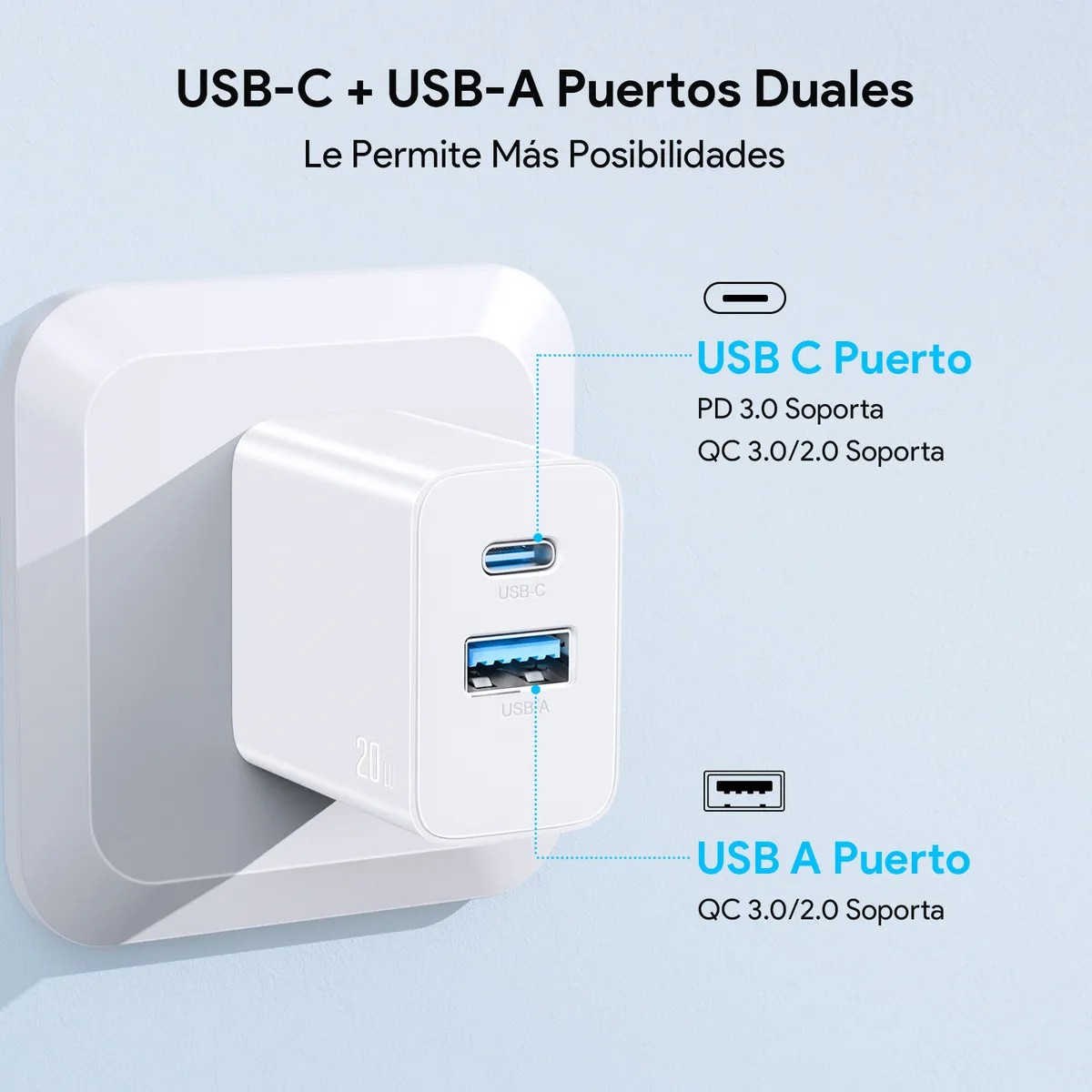 Cargador Dual Salida USB C & USB Port y Cable Tipo C a IP 1M Malubero Blanco image number null