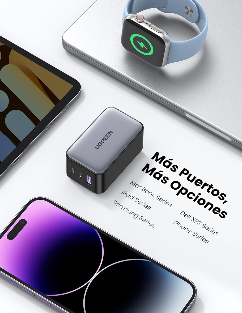 Cargador USB C 65W Ugreen con 3 Puertos para Viaje image number null