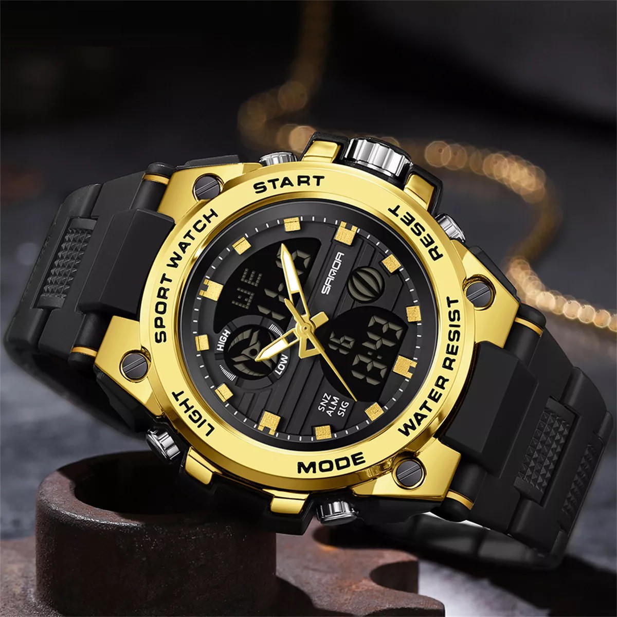 Reloj Pulsera Sanda 739 Unisex Sport Correa Negro Bisel Negro Fondo Dorado. image number null