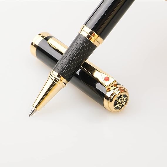 A Urhomefull Impresionante bol&iacute;grafo de lujo con ribete de oro de 24 quilates, punta de Suiza con recambios de tinta negra, juego de regalo perfecto para hombres y mujeres, juego de escritura elegante para negocios, negro brillante. image number null