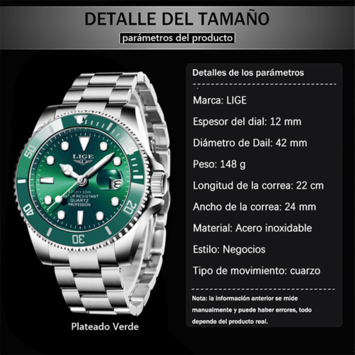 Reloj Impermeable Para Hombre Plata Verde image number null