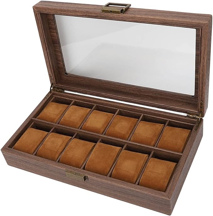 A Caja Organizadora de Reloj de Cuero PU con 12 Ranuras, Caja de Almacenamiento de Exhibici&oacute;n de Lujo de Grano de Madera con Parte Superior de Vidrio de Partici&oacute;n Grande para Almacenamiento Y Exhibici&oacute;n. image number null