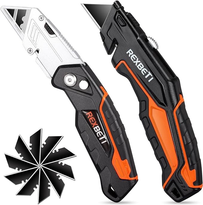 REXBETI 2-Pack Utility Knife, Heavy Duty Retractable Box Cutter for Cartons, Cardboard and Boxes, Blade Storage Design, Extra 10 Blades Included. image number null