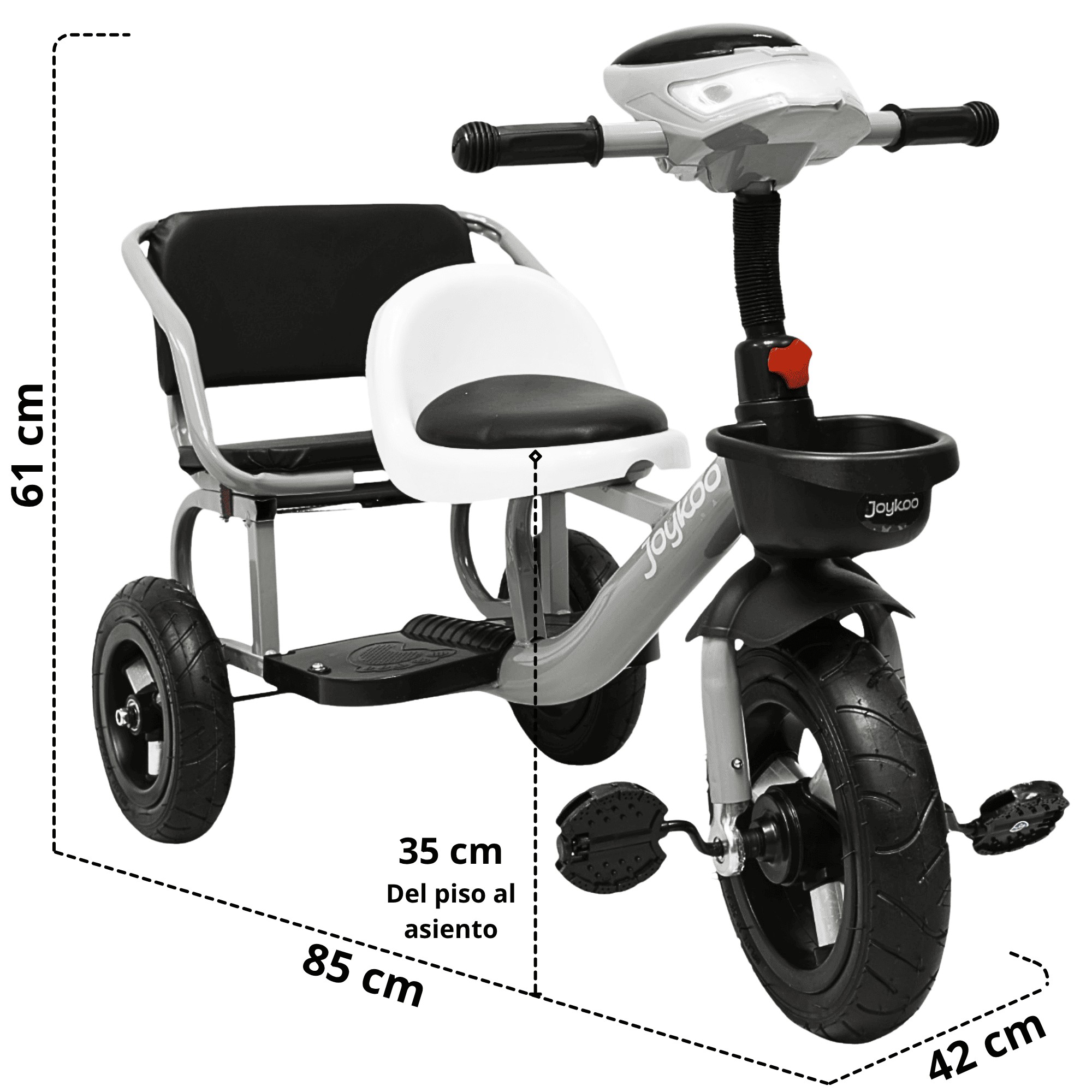 Triciclo para Ni&ntilde;os Dos Asientos Torreta con Luz y Sonido Ruedas de Goma Apto a partir de 2 A&ntilde;os - Gris image number null