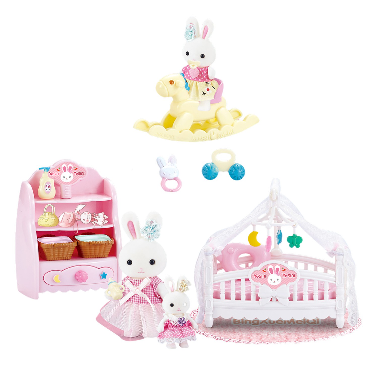 Juguete Casa de Mu&ntilde;ecas Set de Beb&eacute; Conejito con Cuna, Caballito Mecedor, Accesorios y Figuras Incluidas image number null