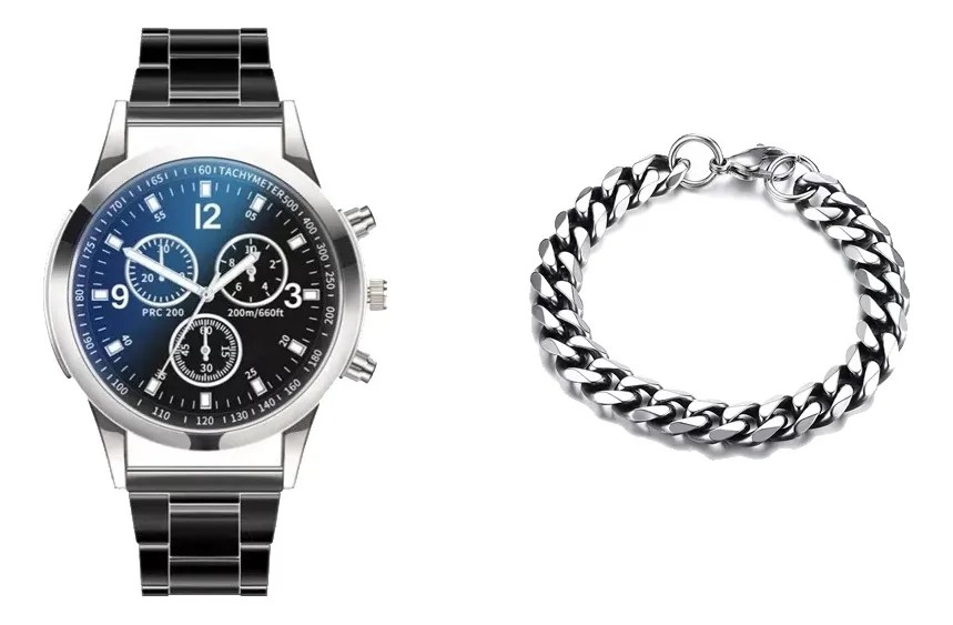 Reloj para Caballero Casual Impermeable de Cuarzo Color Negro con Plateado Fondo Azul + Pulsera de Acero Inoxidable image number null
