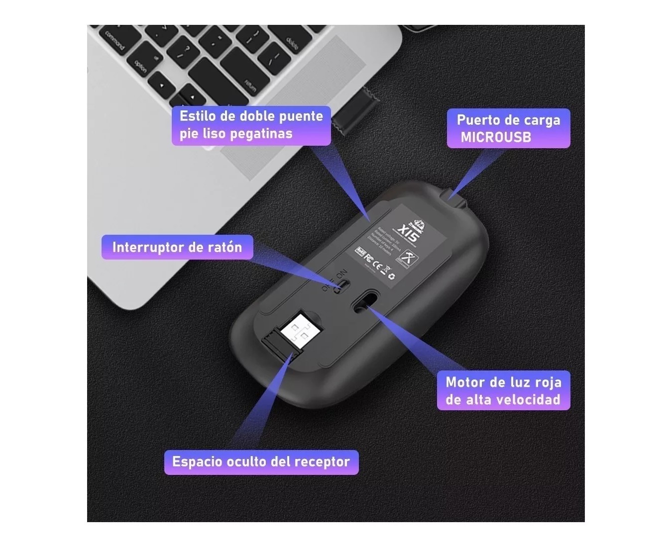 ML Mouse inal&aacute;mbrico recargable Free Wolf X15 negro. image number null