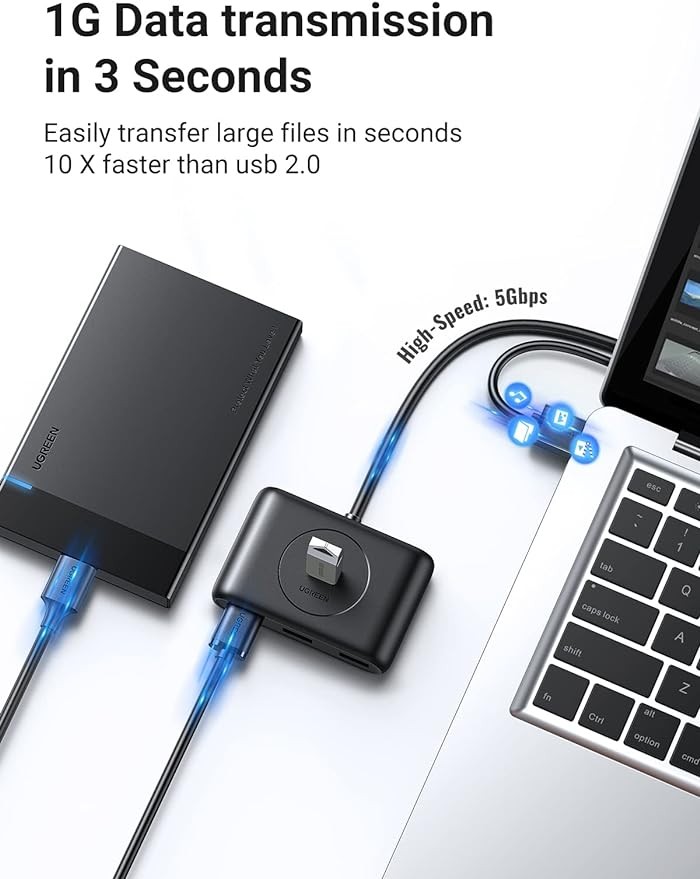 UGREEN Hub USB 3.0, 1M Adaptador USB a 4 USB 3.0 5Gbps y PD Carga Compatible con Macbook, Windows Surface, Switch, Xbox 360 One, PS4, Ultrabook, Laptop o PC, Negro. image number null