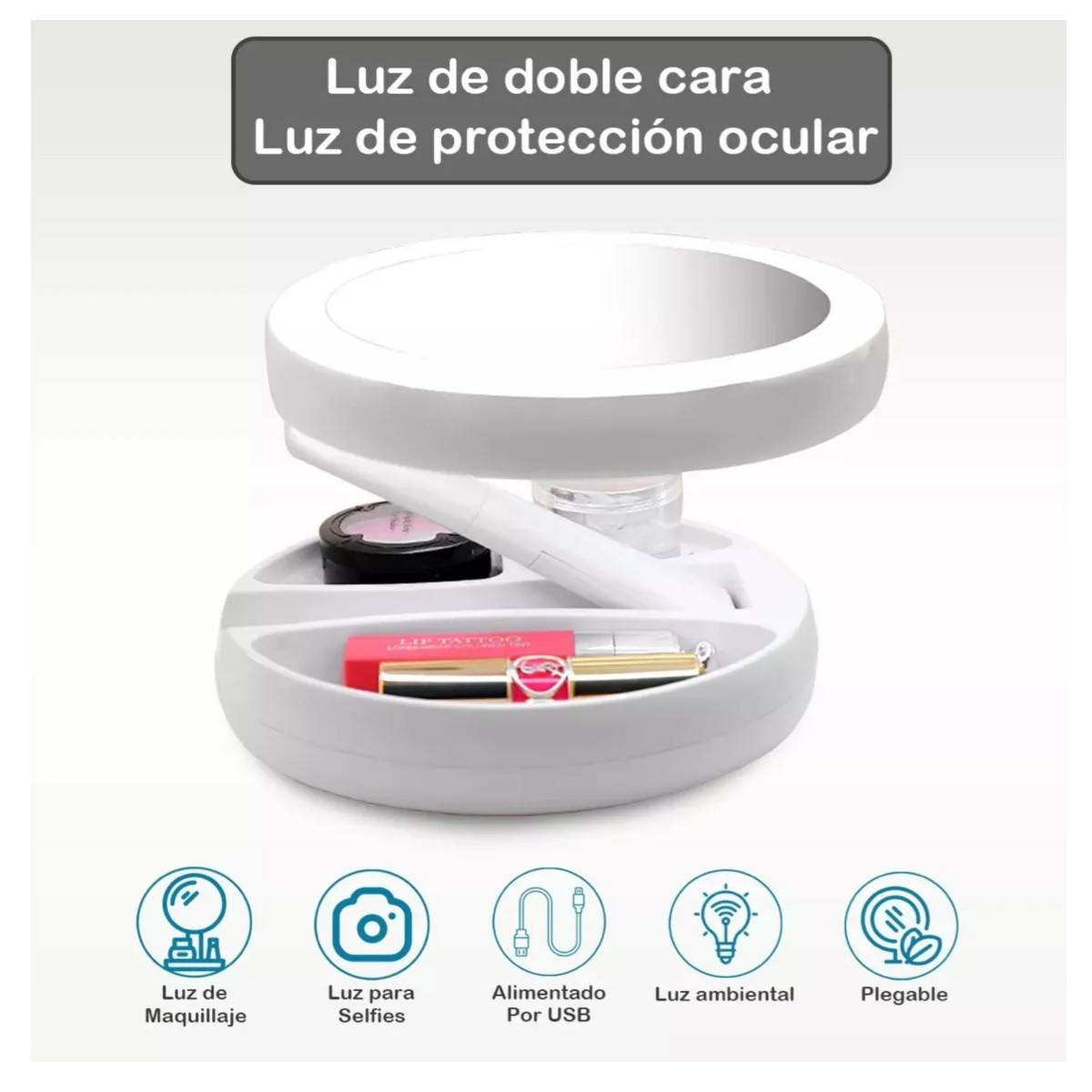 Espejo De Luz Led Doble Cara Ajustable Plegable, Blanco image number null