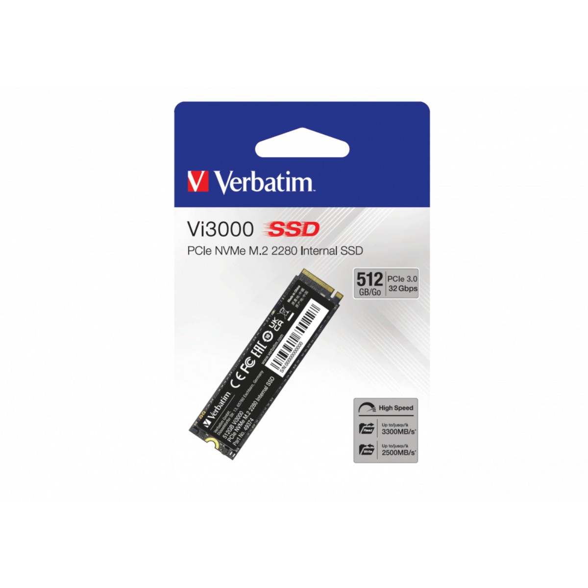 SSD Verbatim Vi3000 NVMe, 512GB, M.2, 2100 MB/s Escritura, 3100 MB/s Lectura, PCI Express 3.0 image number null
