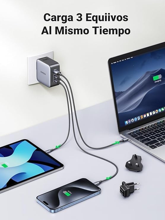UGREEN Nexode Cargador USB C 65W, Adaptador para Viaje 3 Puertos 2 USB C y 1 USB A, Adaptador de Enchufe Universal UK/USA/EU para Phone, Celulares, Tabletas y M&aacute;s. image number null