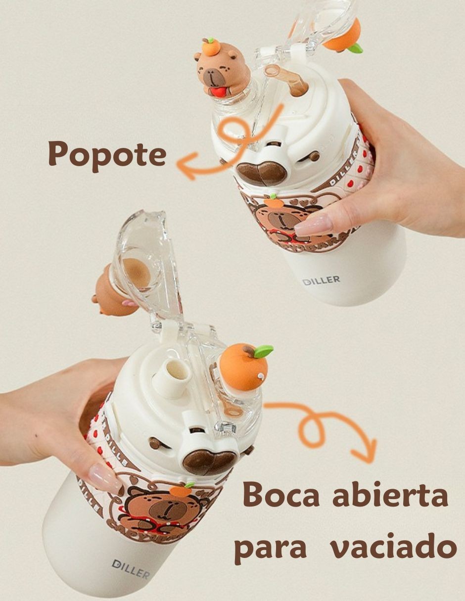Termo de Capibara | Botella de Agua de Acero Inoxidable 520 ml | Accesorios decorativos 3D Capybara, Stickers y Correa image number null