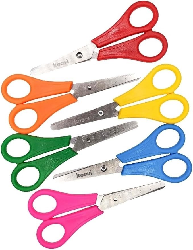 A KOOVI 24 tijeras escolares de acero inoxidable derecha colores surtidos tijeras de mano herramienta artesanal ideales para uso diario escuela u oficina tijeras portatiles. image number null