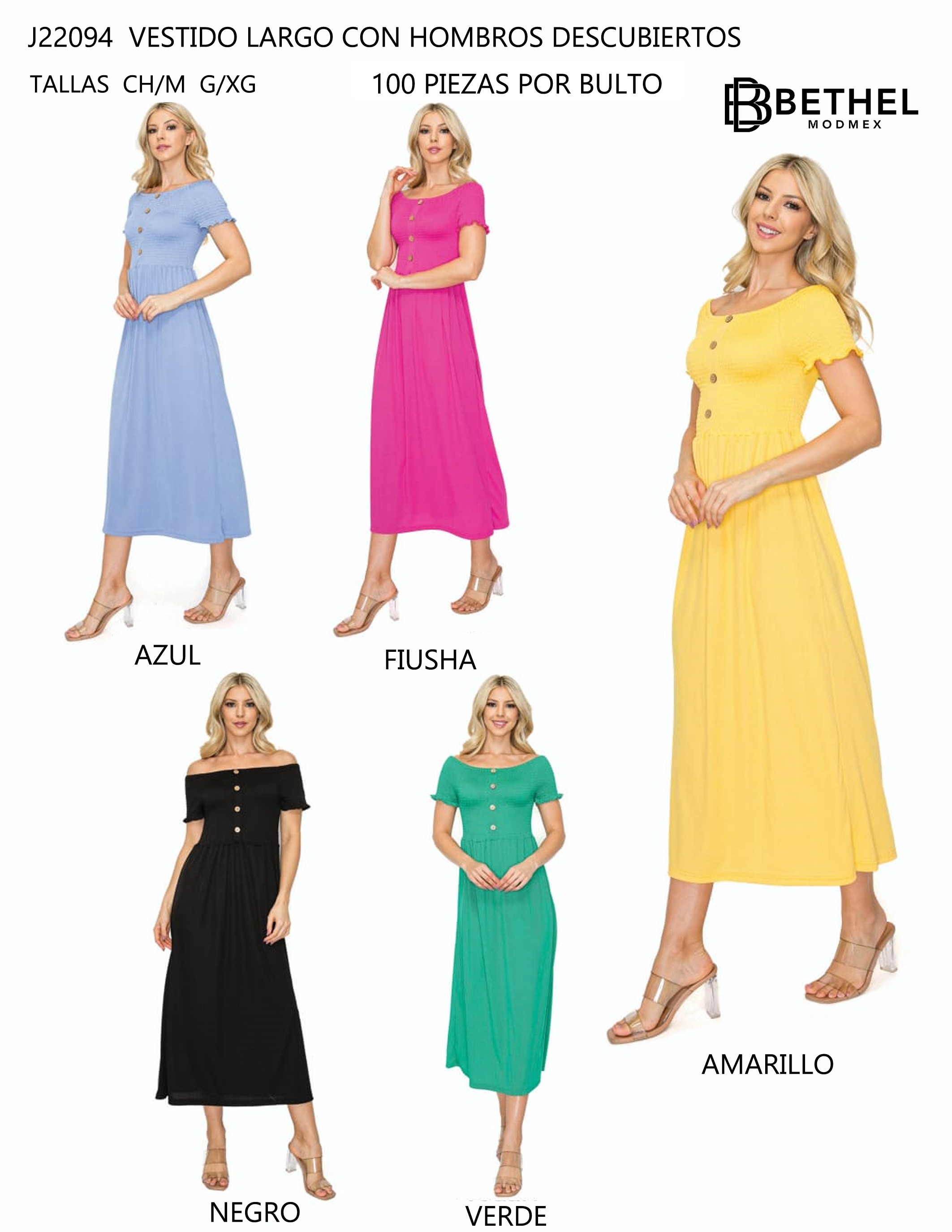 PAQUETE 10 PIEZAS VESTIDO LARGO CON HOMBROS DESCUBIERTOS image number null