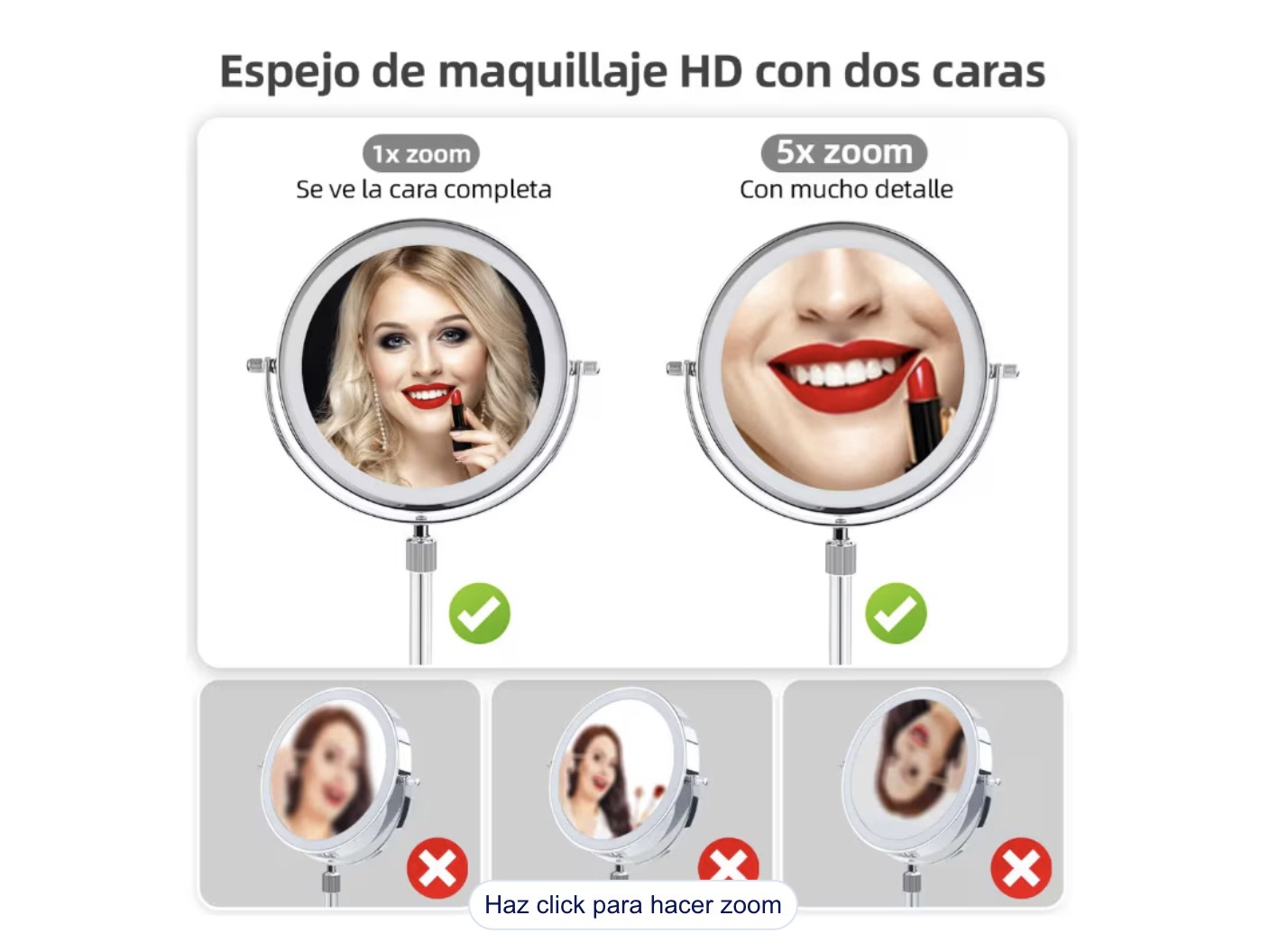 Espejo Maquillaje Doble Aumento Espejos Con Luz Touch 3 Modos Espejo Recargable Por Usb Modelo Blanco image number null