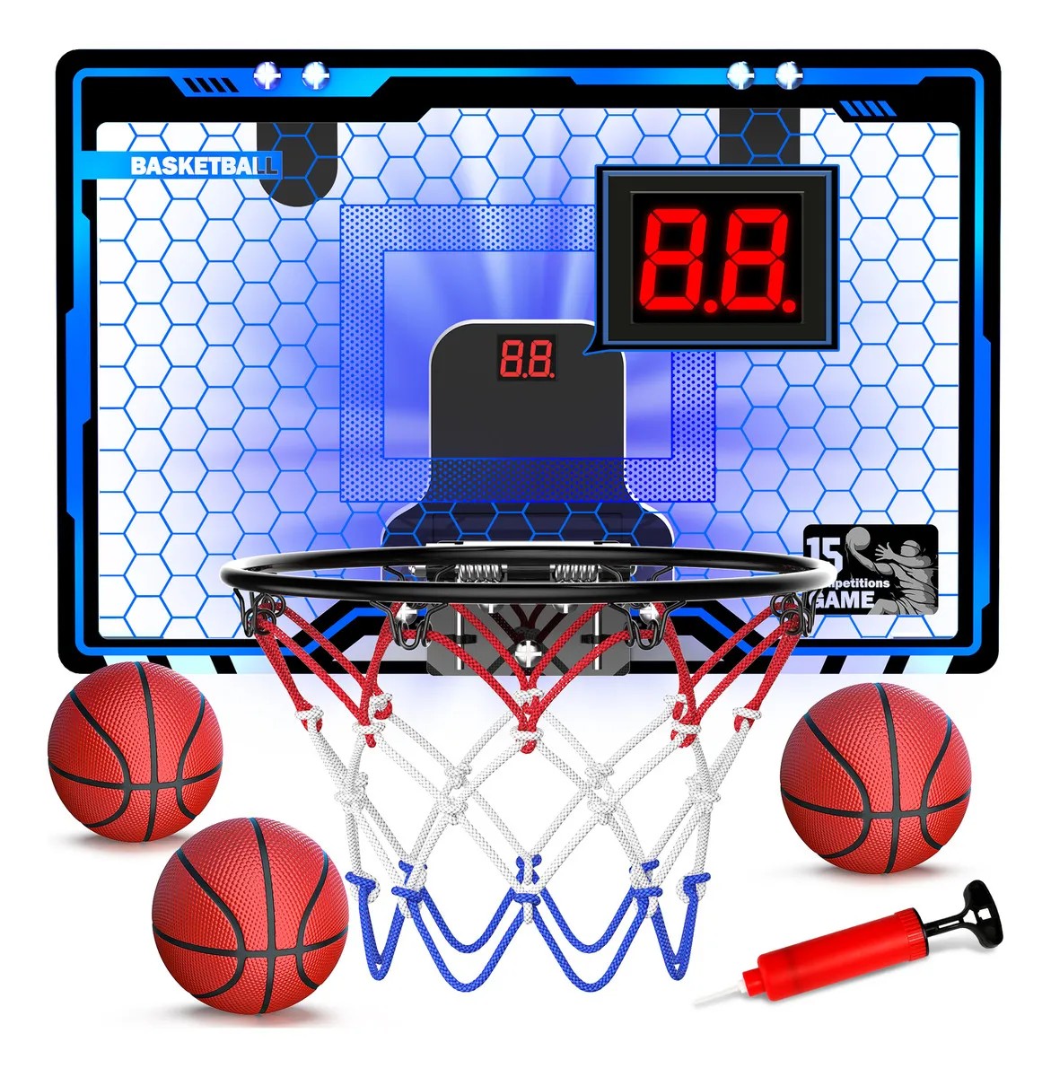 Canasta de Basquetbol Tablero de Baloncesto con Luces Led y 3 Mini Pelotas Color Azul para Ni&ntilde;os image number null