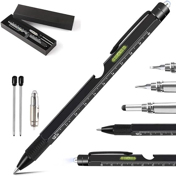 A CASAMIEL Pluma Bol&iacute;grafo Multifuncional, Bol&iacute;grafo 9 en 1 con Funci&oacute;n de Luz led/Destornillador/Regla/Nivel/Abrebotellas, Regalo Ideal para Hombres/Pap&aacute;s/Maridos (A-negro) Visita la tienda de CASAMIEL. image number null