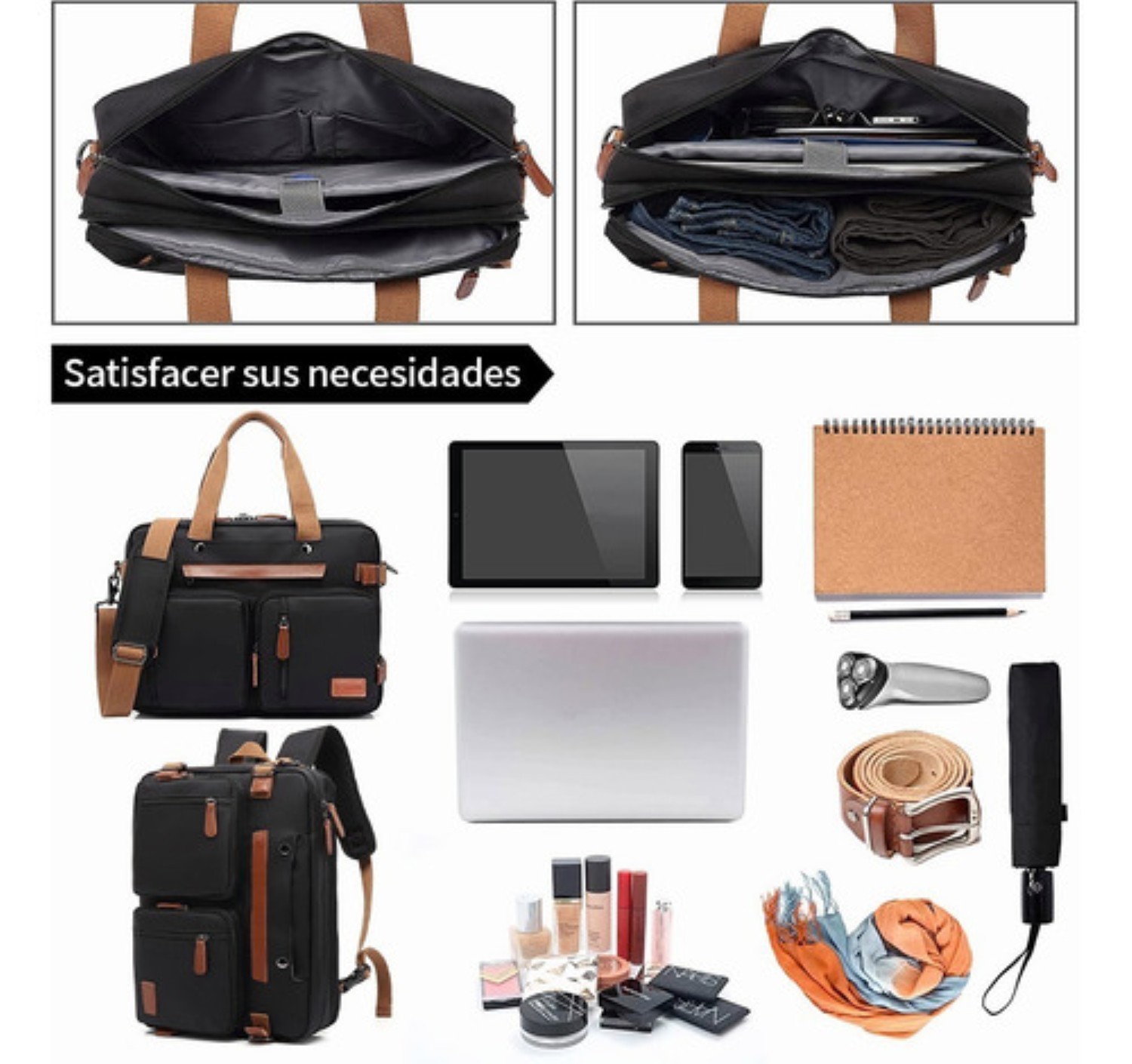 Mochila Malet&iacute;n Bolso Mensajero 3 En 1 Para Laptop De 17.3in NEGRA CON CAFE image number null