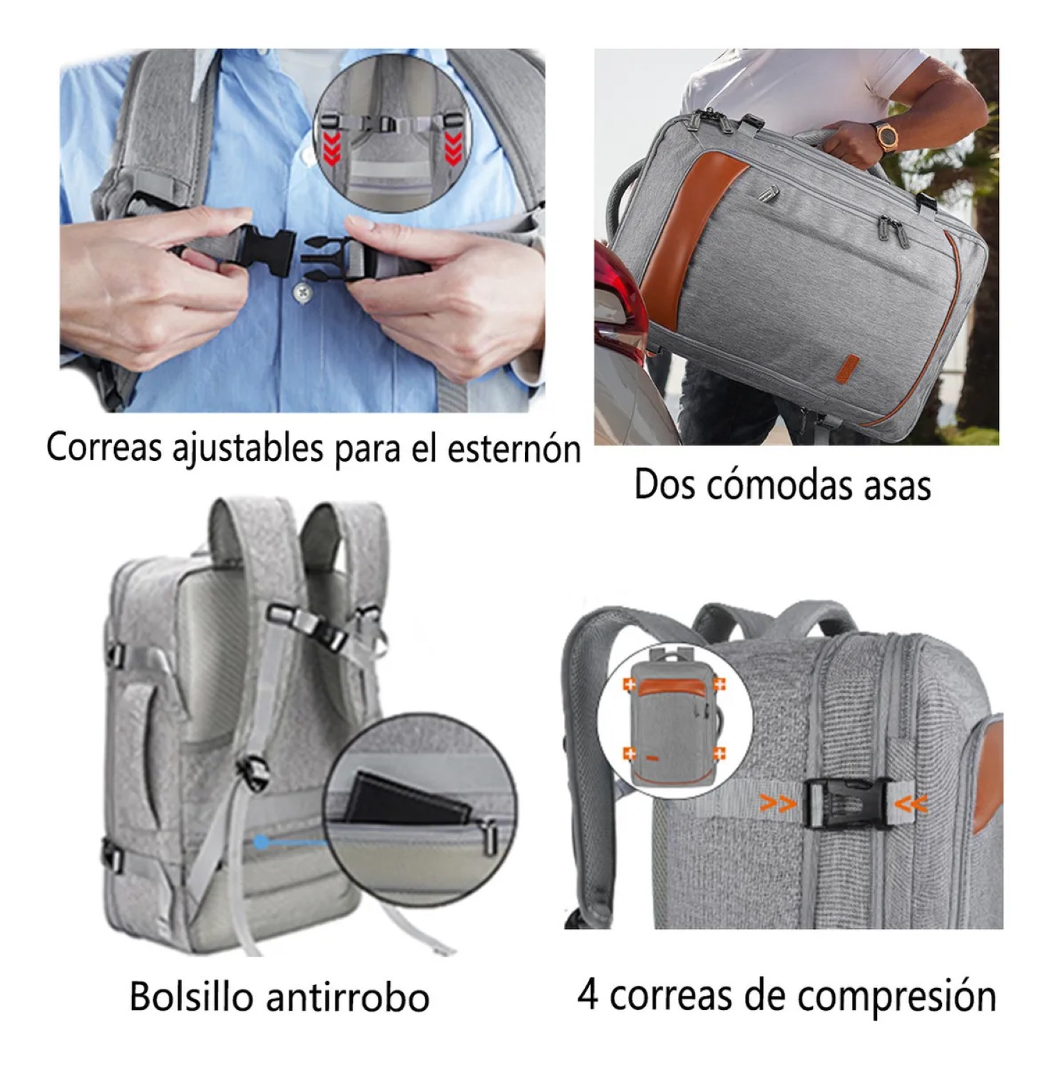 Mochila De Viaje 50L con Tres Bolsos Gris y Naranja. image number null