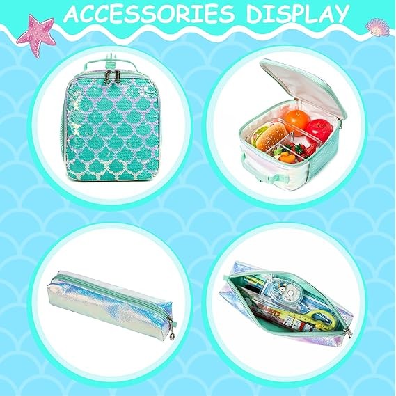 A Mochila para ni&ntilde;as Mermaid Magic Sequin mochila escolar con caja de almuerzo para ni&ntilde;as Set de mochila para preescolar elemental image number null