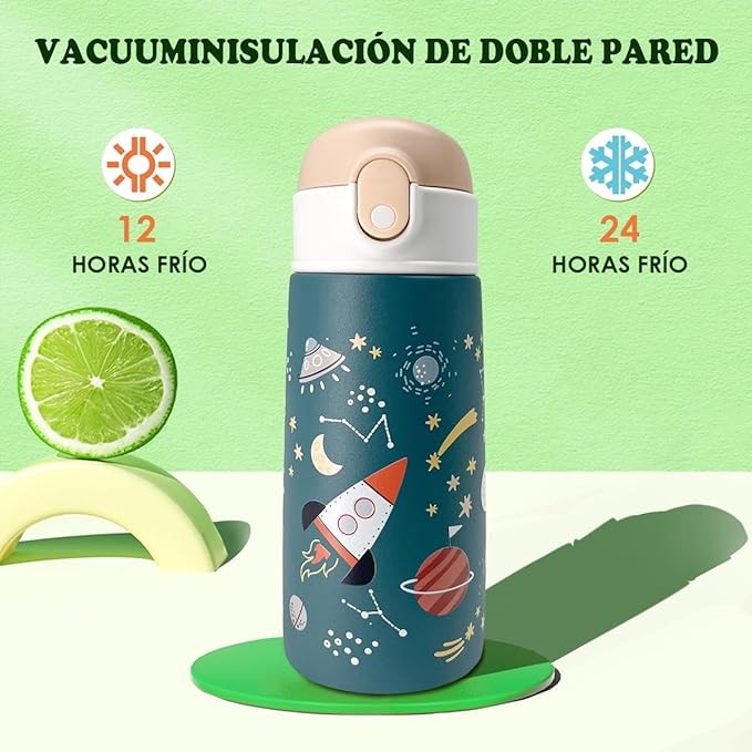 Termo Acero Inoxidable para Ni&ntilde;o 16 Oz, EASYTAO T&eacute;rmica de Botella para Agua 500ml con Tapa de Pajita, Taza Termo de Doble Pared a Prueba de Fugas, Caliente Agua Fr&iacute;a o Caliente (Azul). image number null