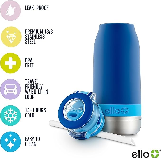 Ello Emma - Botella de Agua de Acero Inoxidable con Aislamiento al vac&iacute;o para ni&ntilde;os con popote Antimicrobiano. image number null