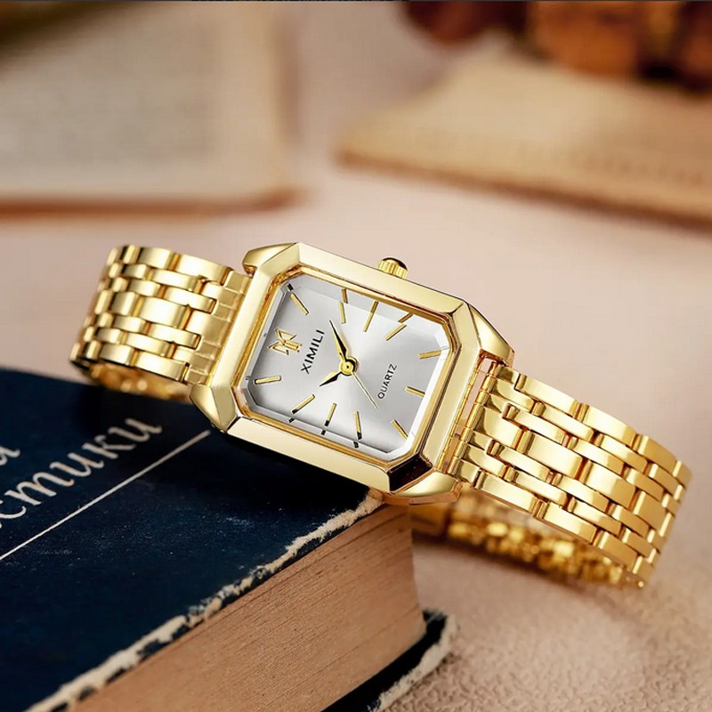Reloj de Cuarzo para Mujer con Correa y Bisel Dorado Esfera Cuadrada Blanca image number null