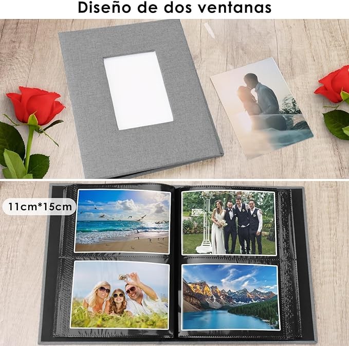A Album de Fotos Creativo DIY, &Aacute;lbum Grande con Cubierta de Lino, &Aacute;lbum de 100 P&aacute;ginas para Cumplea&ntilde;os, Capacidad para 200 Fotos de 11x15 cm, Regalo de Aniversario para parejas, bodas, familia (Gris). image number null