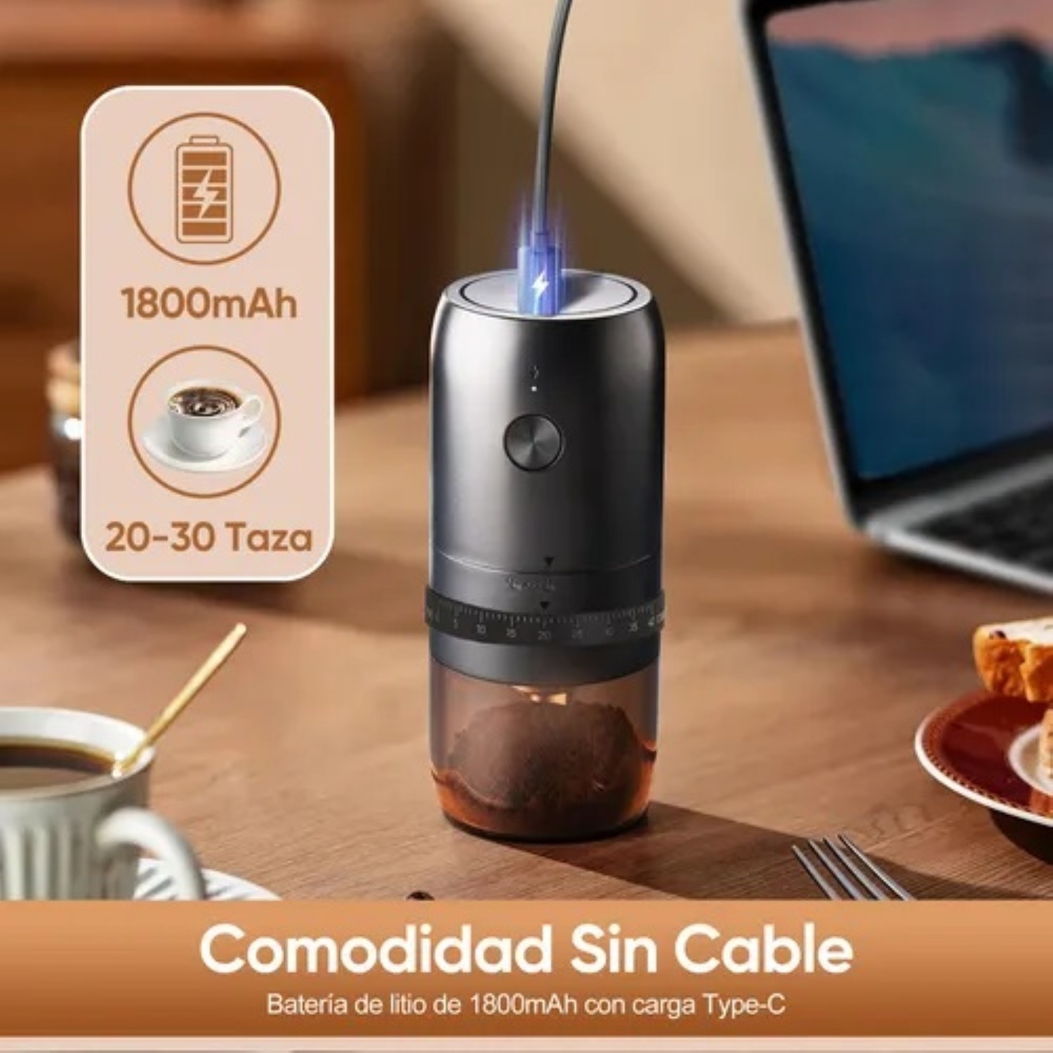 Molino De Caf&eacute; El&eacute;ctrico Recargable 1800mah Grosor Ajustable Negro image number null