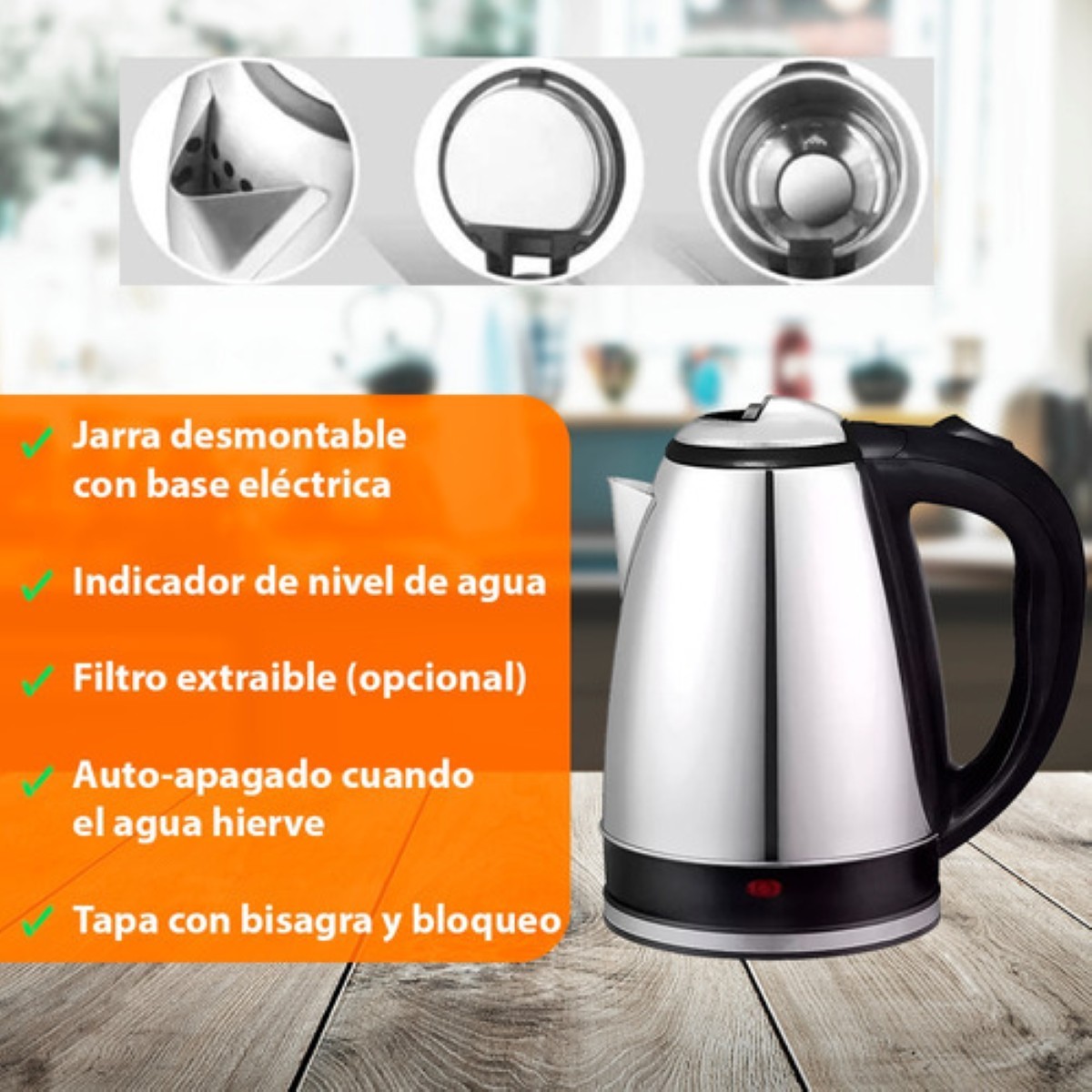 Tetera Cafetera Hervidor El&eacute;ctrico 2 Litros Inoxidable Plata image number null
