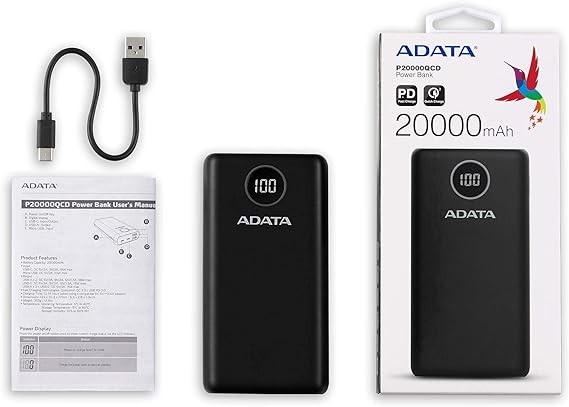 ADATA Powerbank Bater&iacute;a Port&aacute;til Recargable P20000QCD Power Bank de 20,000 mAh (74Wh), Color Negro (AP20000QCD-DGT-CBK), Tecnolog&iacute;as de Carga R&aacute;pida Qualcomm QC 3.0 USB PD 3.0. image number null