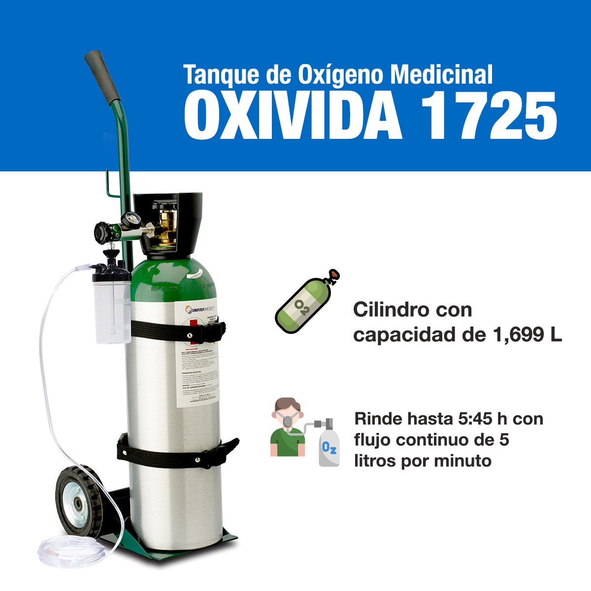KIT TANQUE OX&Iacute;GENO MEDICINAL OXIVIDA 1725 (SIN CARGA DE GAS)+ 2 AGUAS image number null