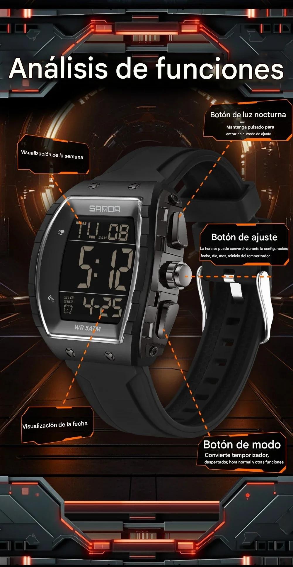 Reloj moda esfera plateado grande correa TPU cron&oacute;grafo deportivo calendario luminoso contra agua image number null