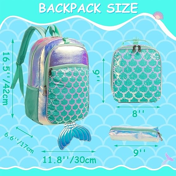 A Mochila para ni&ntilde;as Mermaid Magic Sequin mochila escolar con caja de almuerzo para ni&ntilde;as Set de mochila para preescolar elemental image number null