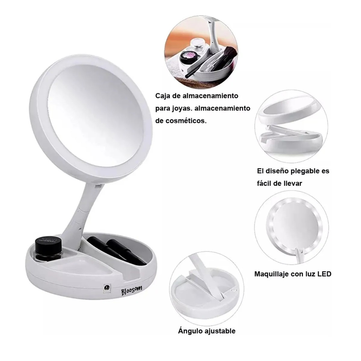 Espejo De Luz Led Doble Cara Ajustable Plegable, Blanco image number null