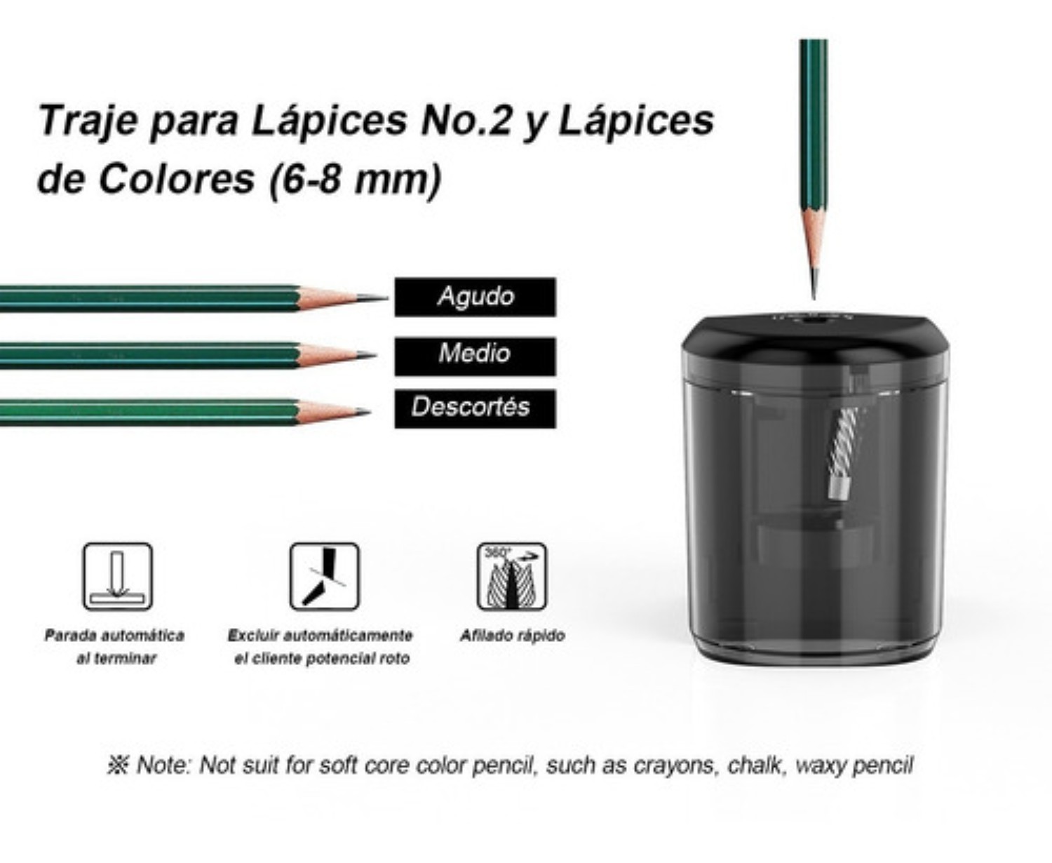 Sacapuntas Electrico Autom&aacute;ticos 6-8mm Negro Transparente con Portalapices image number null