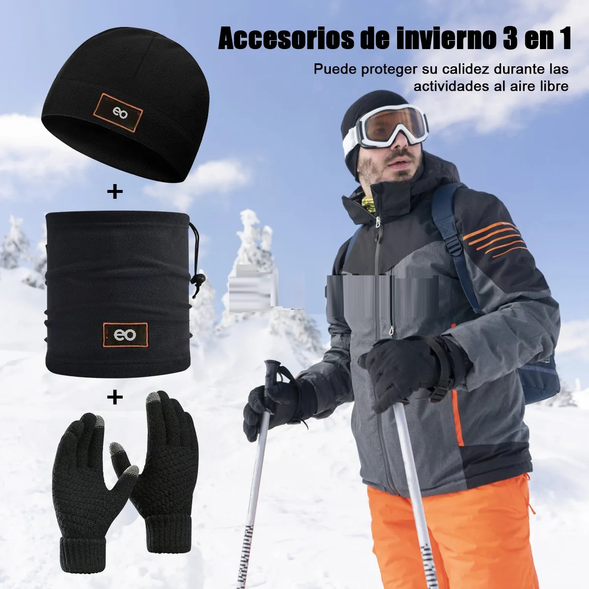 3en1 Gorro Bufanda Guantes Cuello Invierno Para Fr&iacute;o Unisex Negro image number null