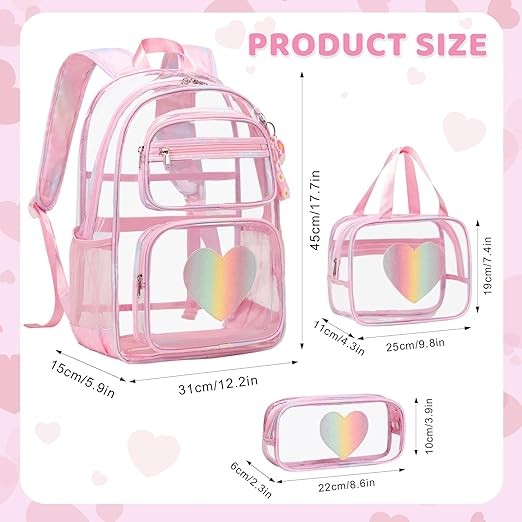 A Mochila transparente para ni&ntilde;os y ni&ntilde;as, 3 unidades de mochila transparente resistente con bolsa de almuerzo image number null