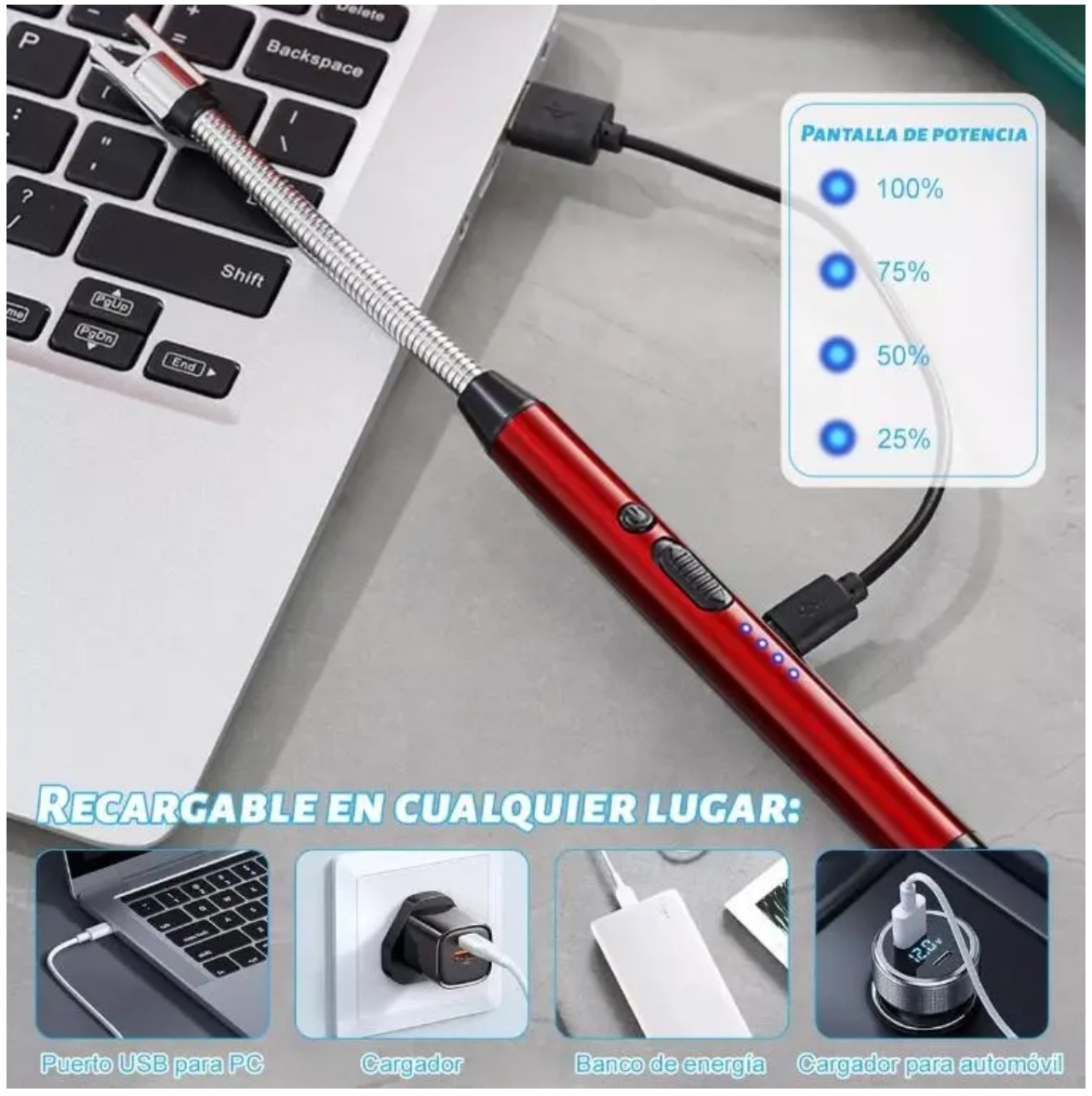 Encendedor El&eacute;ctrico Port&aacute;til Recargable De Cocina USB 2 Piezas Rojo image number null