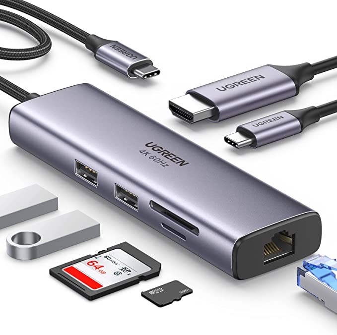 UGREEN Hub USB C, 7 en 1 Adaptador USB C a HDMI 4K 60Hz, Gigabit Ethernet, 100W PD Carga, Lector de Tarjetas SD TF, 2 USB 3.0 Compatible con MacBook Pro Air M1 M2 iPad iPhone 15 DELL Switch Steam Deck. image number null