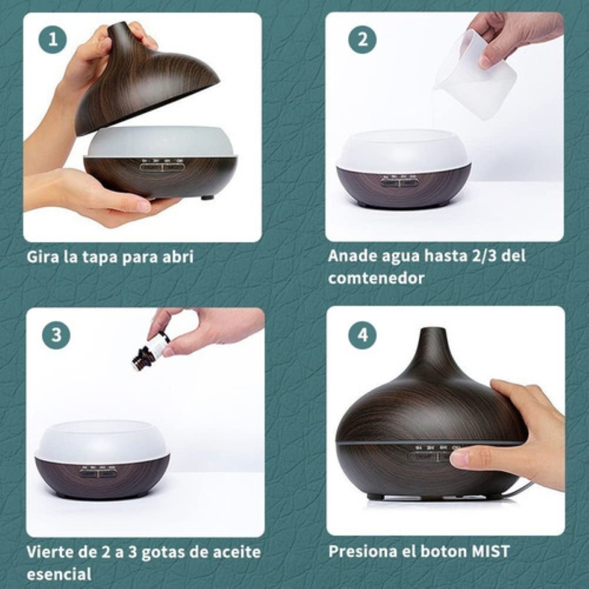 Difusor De Aroma Ultrasonico 550ml Con 12 Aceite Esencia Dise&ntilde;o de madera Oscuro image number null
