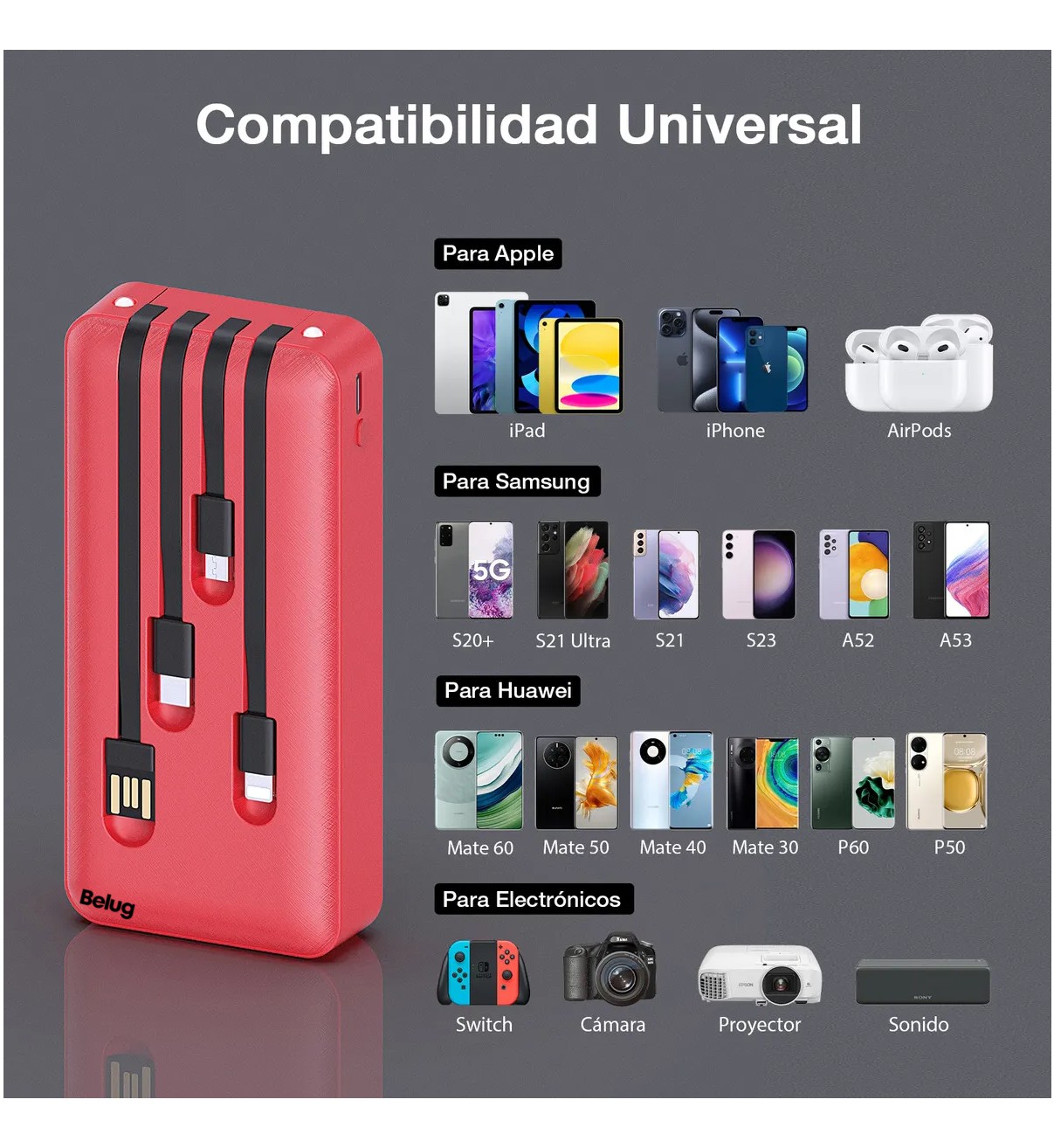 Power Bank 20000mAh bater&iacute;a port&aacute;til Belug con 4 cables USB Tipo C Micro USB compatible con IP Rojo image number null
